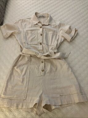 Zara Cream Utility Romper with Tie Waist